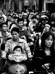 Traffic jam in the old quarter of Hanoi after a crossing was blocked becaue of a fight.
